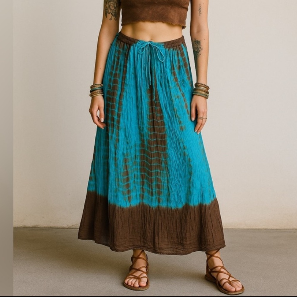 TOKYO DENIM 100% Cotton Tie Dye Maxi Skirt Adjustable Turquoise Brown One Size